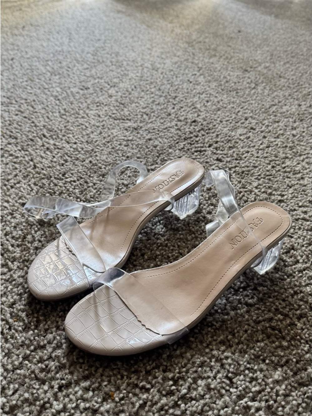 Clear Strap Low Heel Sandals in Nude